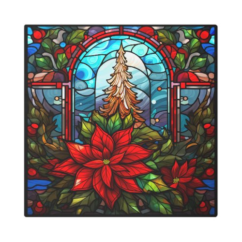 Festive Poinsettia and Tree Faux Stained Glass  Metal Print