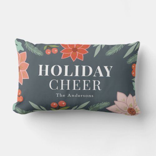 Festive Poinsettia Berry Navy Blue Christmas Lumbar Pillow