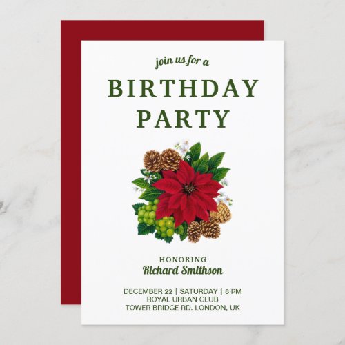 Festive Poinsettia Christmas Birthday Party Invitation