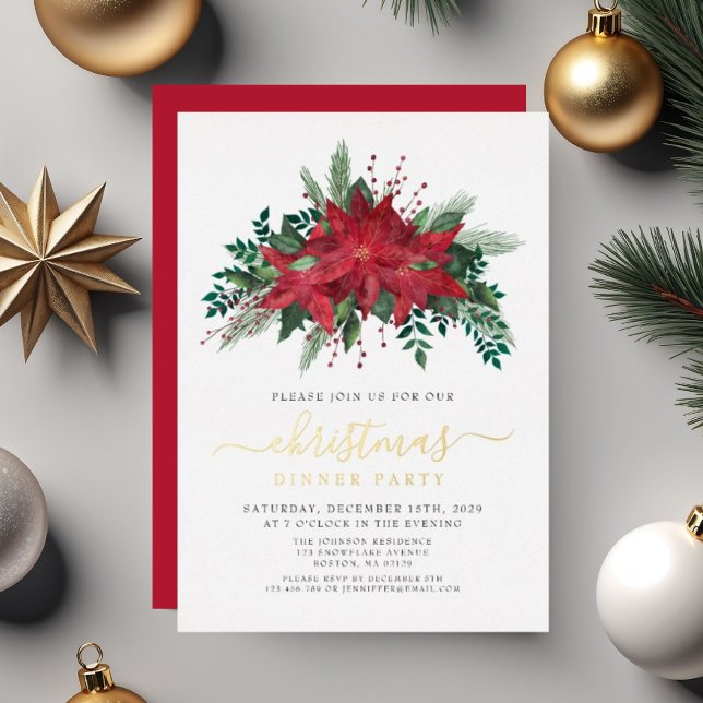 Festive Poinsettia Christmas Dinner Party Gold Foil Invitation (Festive Poinsettia Christmas Dinner Party Gold Foil Invitation)