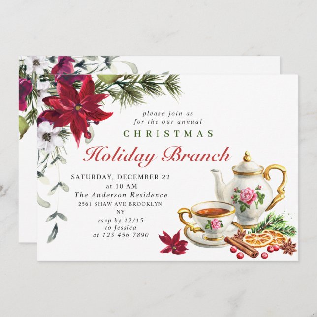 Festive Poinsettia Christmas Holiday Branch Invitation (Front/Back)