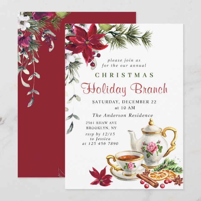 Festive Poinsettia Christmas Holiday Branch Invitation (Front/Back)