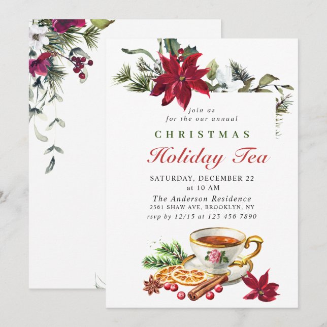 Festive Poinsettia Christmas Holiday Tea Party Inv Invitation (Front/Back)