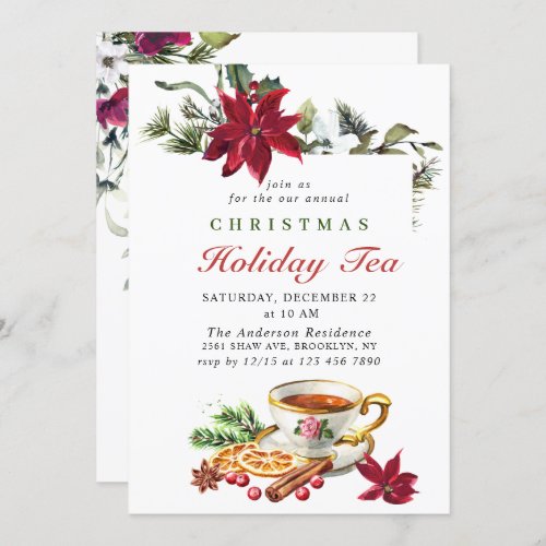 Festive Poinsettia Christmas Holiday Tea Party Inv Invitation