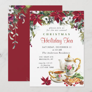 Festive Poinsettia Christmas Holiday Tea Party Invitation