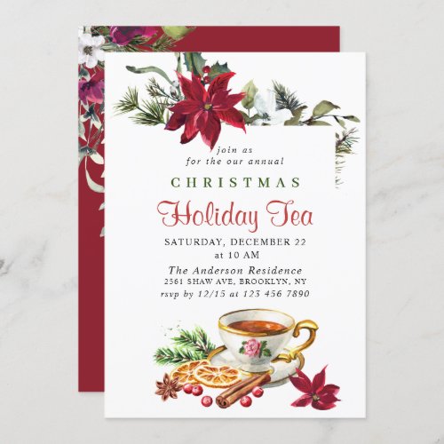 Festive Poinsettia Christmas Holiday Tea Party Invitation