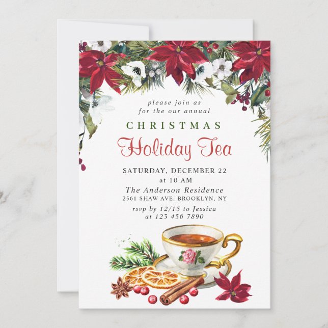 Festive Poinsettia Christmas Holiday Tea Party Invitation (Front)