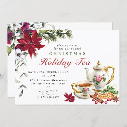 Festive Poinsettia Christmas Holiday Tea Party Invitation