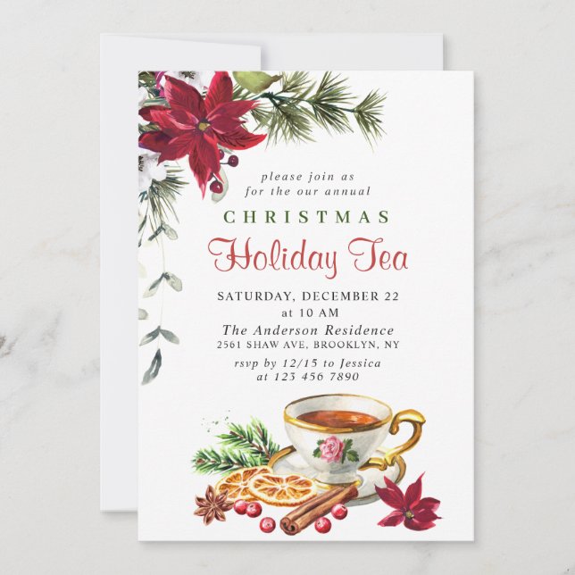 Festive Poinsettia Christmas Holiday Tea Party Invitation (Front)