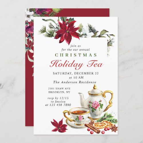 Festive Poinsettia Christmas Holiday Tea Party Invitation