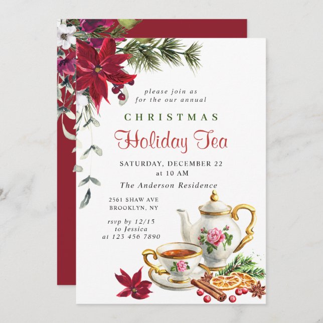 Festive Poinsettia Christmas Holiday Tea Party Invitation (Front/Back)