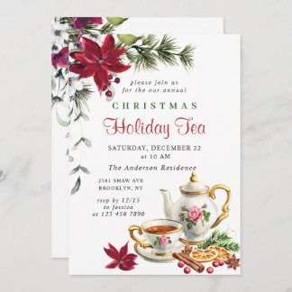 Festive Poinsettia Christmas Holiday Tea Party Invitation