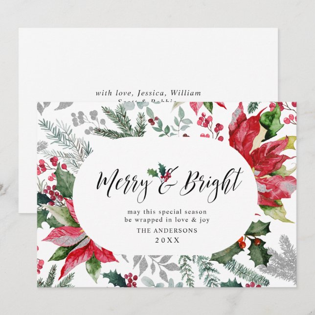 Festive Poinsettia Christmas Mistletoe Photo Holiday Card (Front/Back)