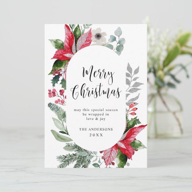 Festive Poinsettia Christmas Mistletoe Photo Holiday Card (Standing Front)