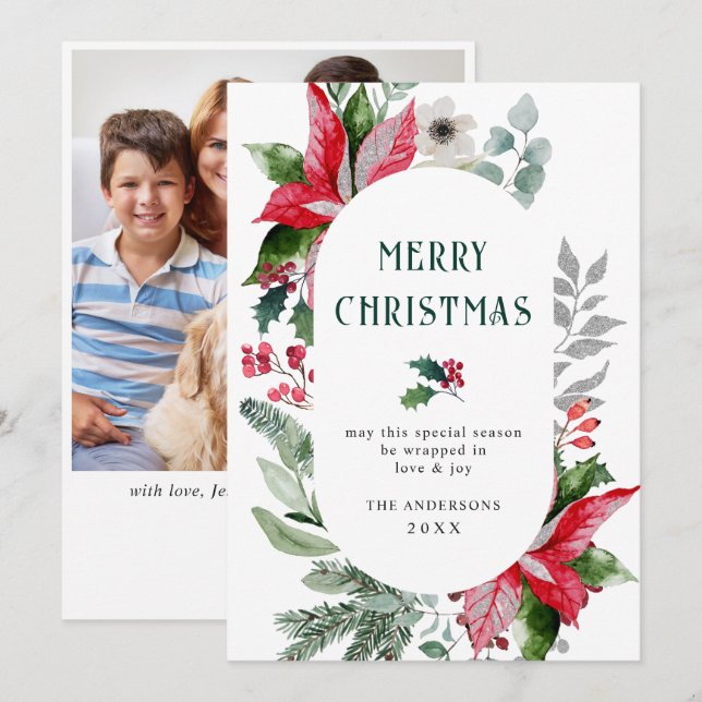 Festive Poinsettia Christmas Mistletoe Photo Holiday Card (Front/Back)