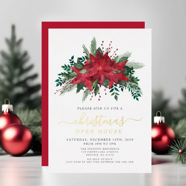 Festive Poinsettia Christmas Open House Gold Foil Invitation (Festive Poinsettia Christmas Open House Gold Foil Invitation)