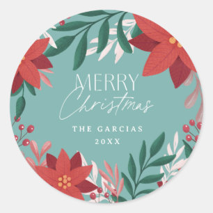 Festive Poinsettia Flowers Christmas Classic Round Sticker