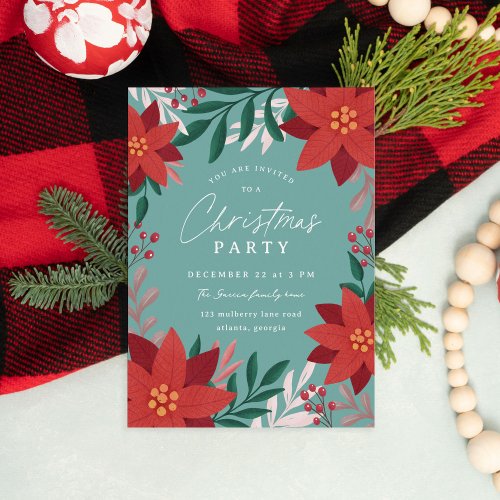 Festive Poinsettia Flowers Christmas Party Invitation