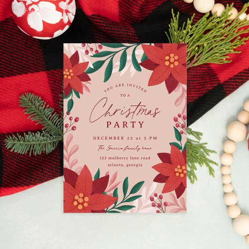 Festive Poinsettia Flowers Christmas Party Invitation