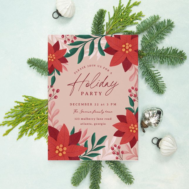Festive Poinsettia Flowers Holiday Party Invitation (beige holiday party invitation with elegant botanicals and foliage)