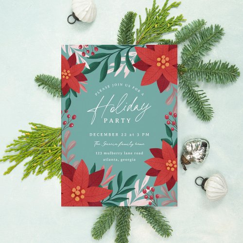 Festive Poinsettia Flowers Holiday Party Invitation