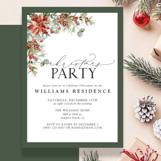 Festive Poinsettia Pine Watercolor Christmas Party Announcement (Creator Uploaded)