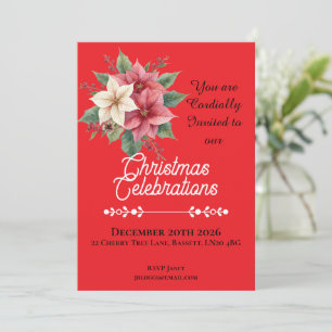 Festive Poinsettia Pink White Christmas Invitation