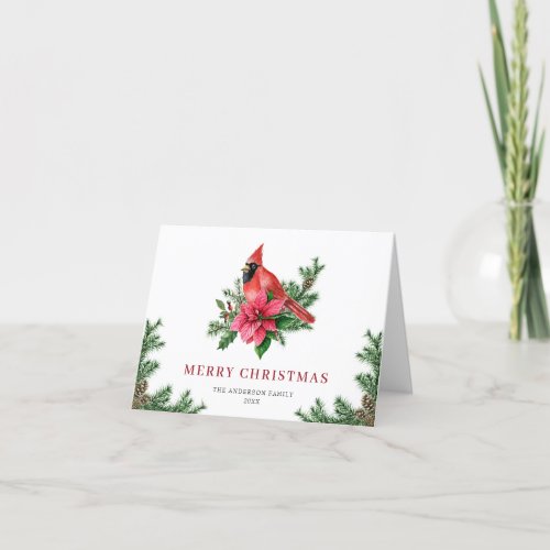 Festive Poinsettia Red Cardinal Christmas Greeting Holiday Card