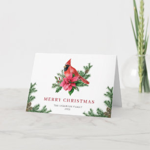 Festive Poinsettia Red Cardinal Christmas Greeting Holiday Card