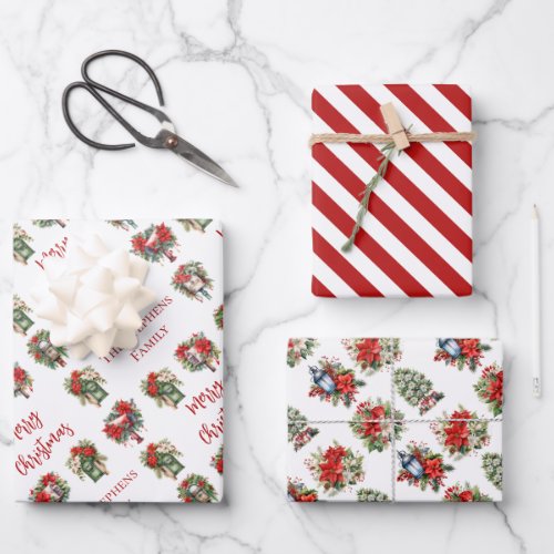 Festive Poinsettia Watercolor Christmas Holiday  Wrapping Paper Sheets