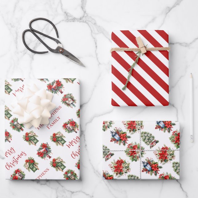 Festive Poinsettia Watercolor Christmas Holiday  Wrapping Paper Sheets (Front)