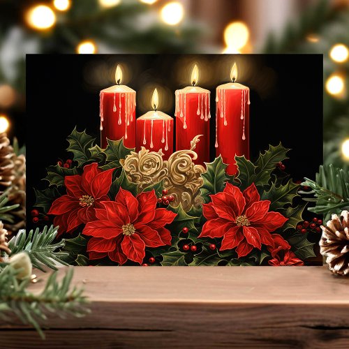 Festive Poinsettias and Candles Christmas  Holiday Card