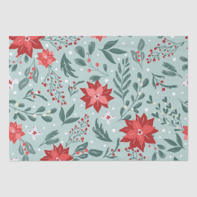 Festive Poinsettias and Holly Berries Christmas  Tissue Paper (Front)