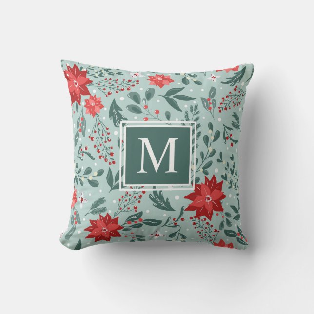 Festive Poinsettias and Holly Berries Monogram  Throw Pillow (Front)