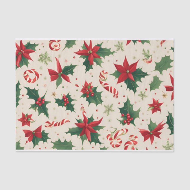Festive Poinsettias & Candy Cane Christmas Tissue  Tissue Paper (Front)