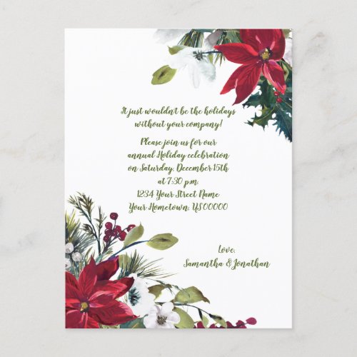 Festive Poinsettias Holly Berries Christmas Party Invitation Postcard