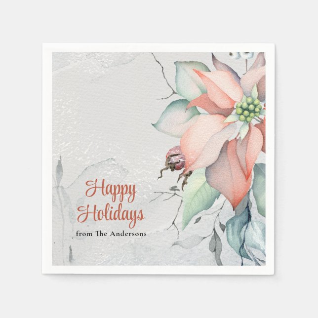 Festive Poinsettias in the Snow Botanical Holiday Napkins (Front)