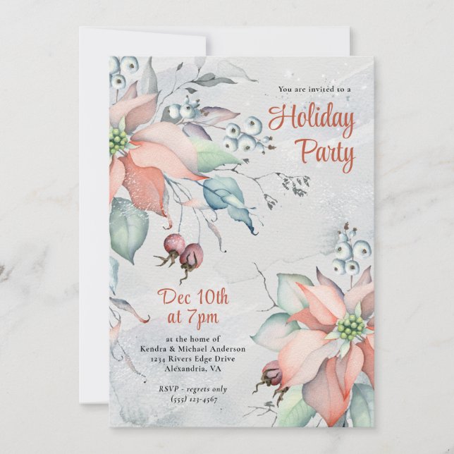 Festive Poinsettias in the Snow Holiday Party Invitation (Front)