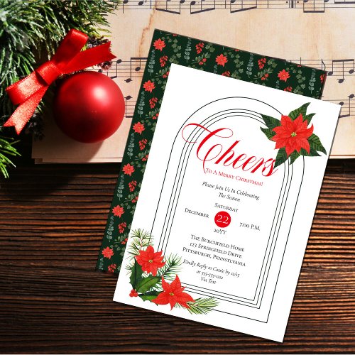 Festive Poinsettias Pine and Holly Christmas Party Invitation