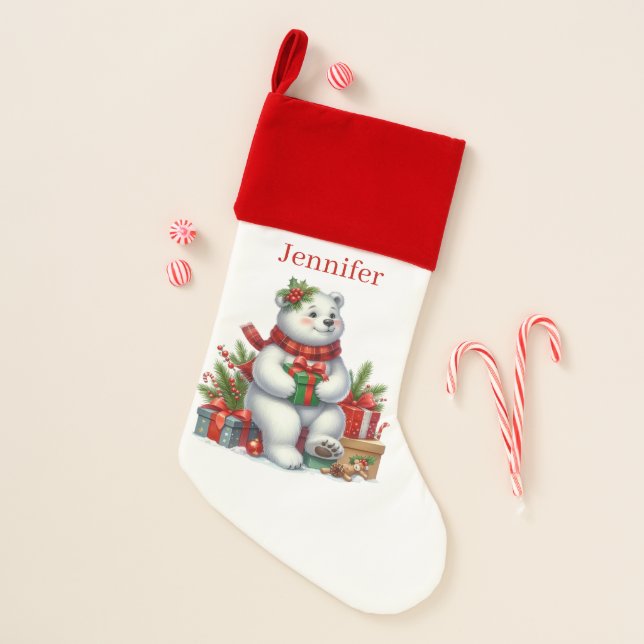 Festive polar bear add name  christmas stocking (Front)