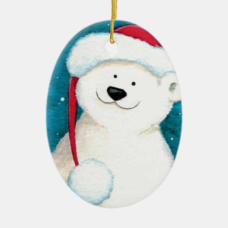 Festive Polar Bear in a Santa Hat Ceramic Ornament | Zazzle