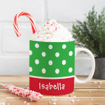 Festive Polka Dots Custom Christmas Monogram Name Coffee Mug<br><div class="desc">Personalize this festive Christmas coffee or hot cocoa mug with a first name or other custom text.  Design features a pattern of polka dots. Classic red,  green and white holiday colors.</div>