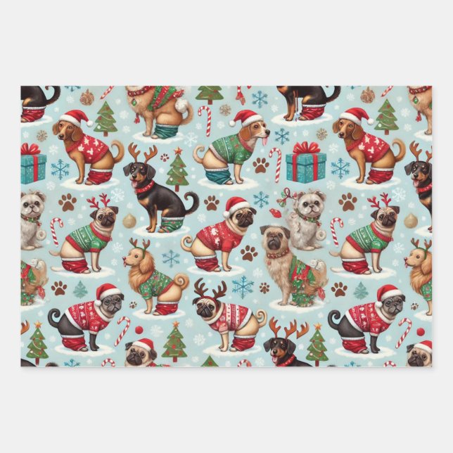 Festive Pooping Dogs in Holiday Sweaters Wrapping Paper Sheets (Front)