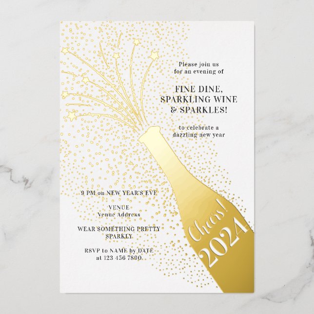 Festive Popping Bubbles Champagne New Years Eve Foil Invitation (Front)