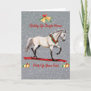 Festive Prancing Gray Horse with Red Flower Wreath Card