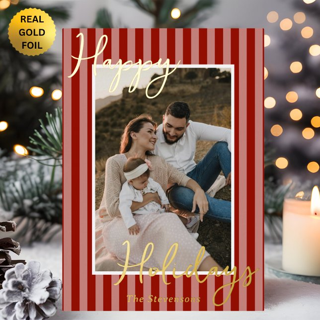 Festive Preppy Red Stripes Photo Christmas Gold  Foil Holiday Card (Creator Uploaded)