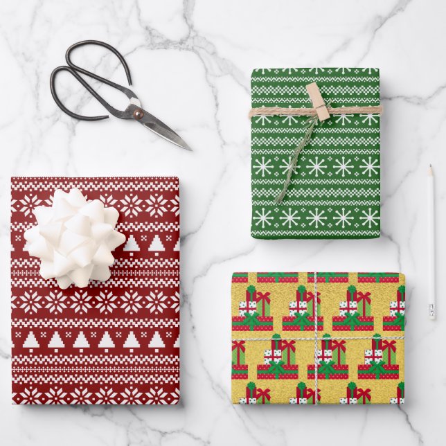 Festive Presents, Christmas Trees and Snowflakes Wrapping Paper Sheets (Front)