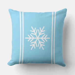 Festive Pretty Snowflake Light Blue White Stripes Throw Pillow