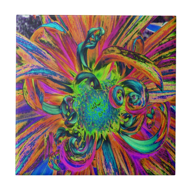 Festive Psychedelic Colorful Dahlia Flower Petals Ceramic Tile (Front)