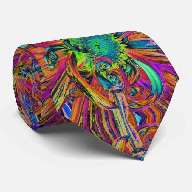 Festive Psychedelic Colorful Dahlia Flower Petals Neck Tie (Rolled)